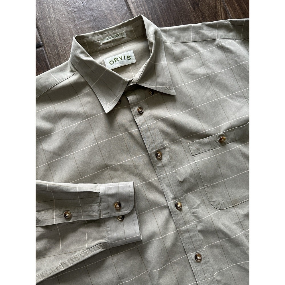 Orvis Mens XXL Olive Green Windowpane Herringbone Cotton Button Down‎ Shirt L/S
